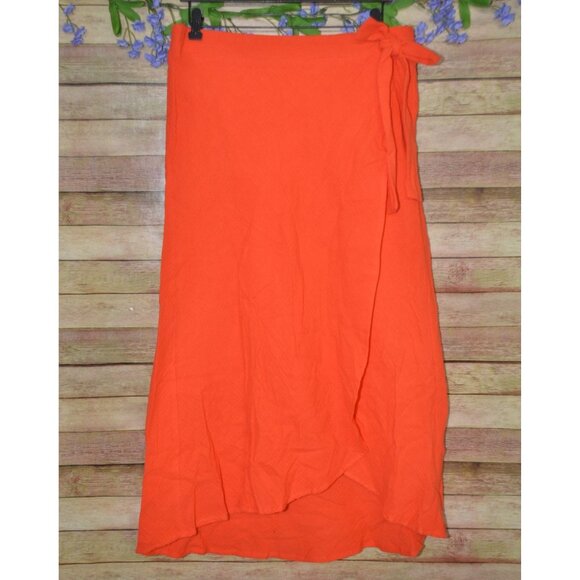 Mud Pie Ladies Red Orange Pull On Midi Skirt Size L Gauzy Cotton Faux Wrap - Picture 2 of 9